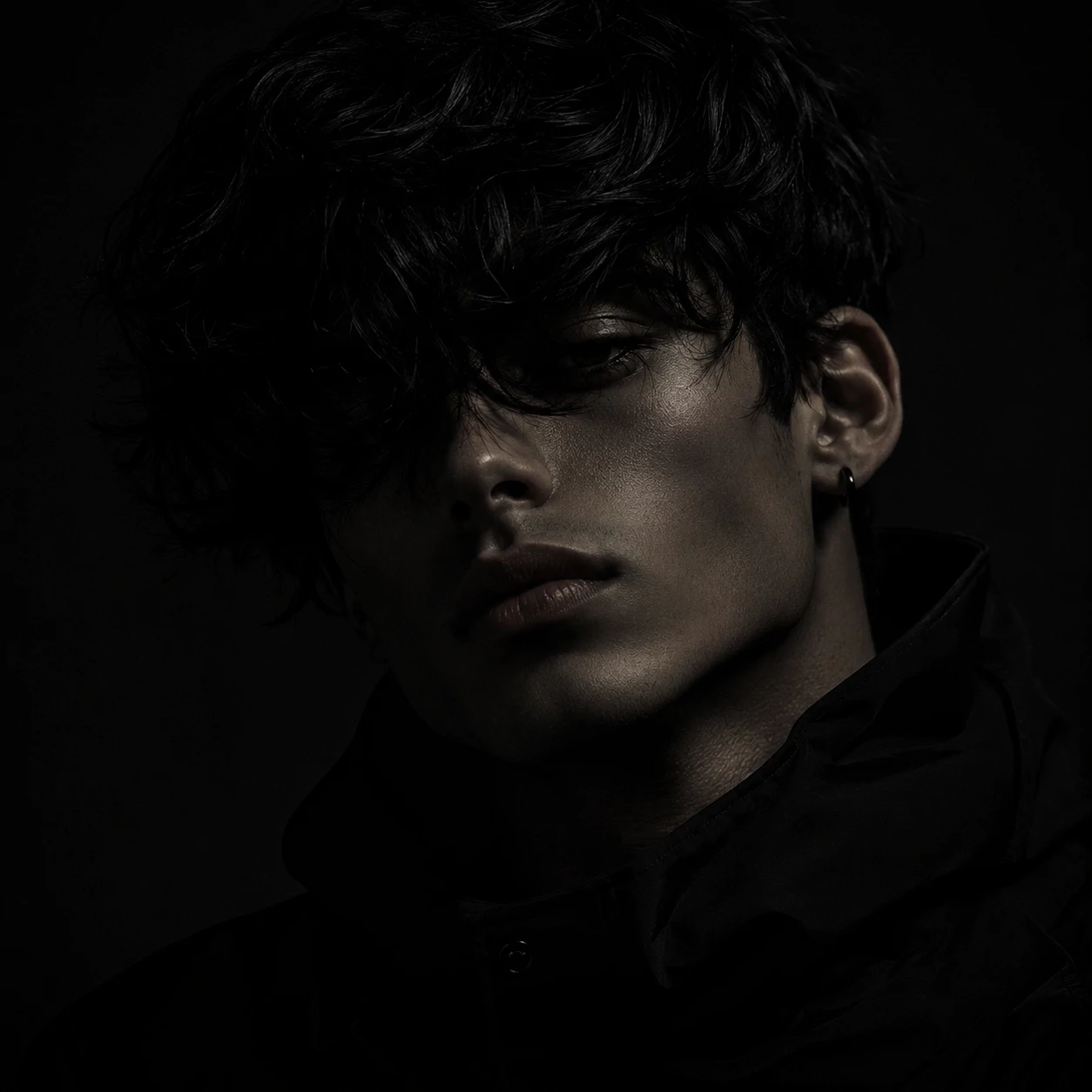 Stylish black pfp boy portrait framed in shadow with a focused editorial gaze.
