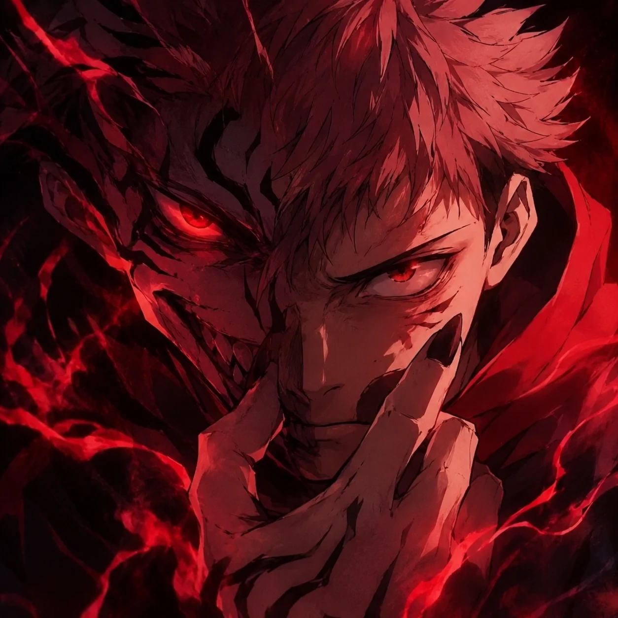Sukuna vessel Yuji PFP with internal struggle framing and cursed glow