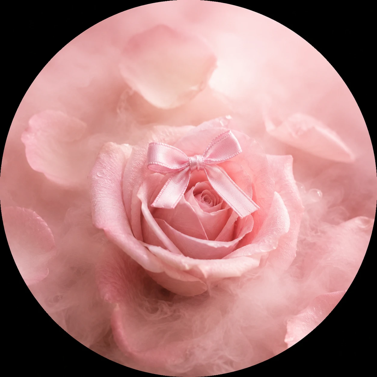 Tiny bow coquette PFP with rose petals and pastel fog.