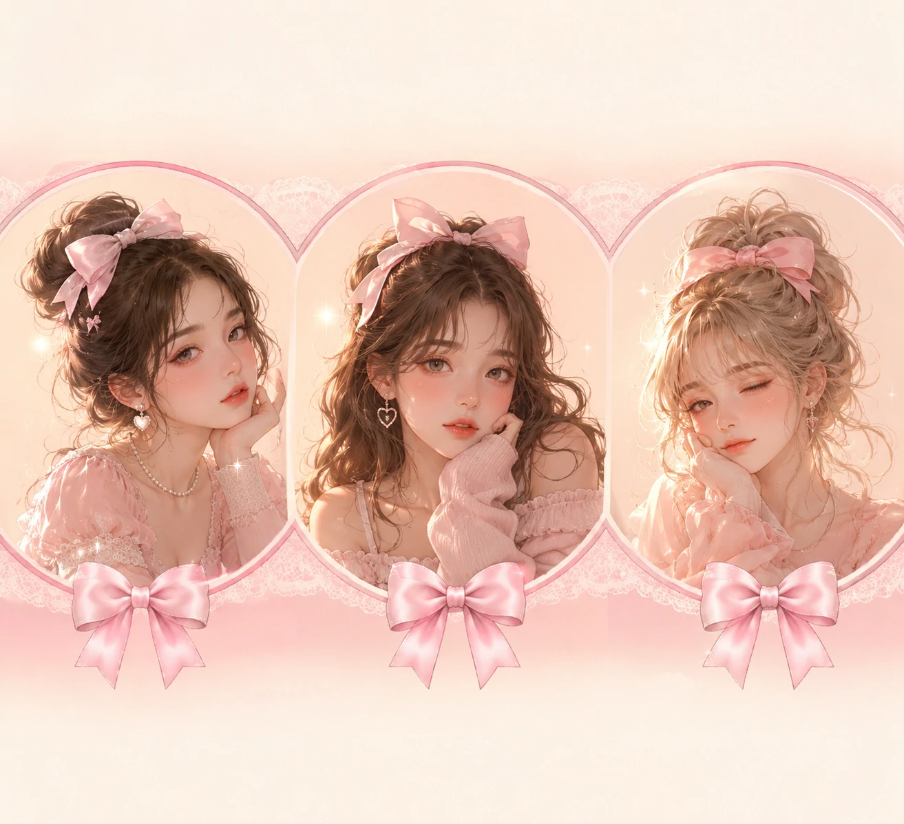 Trio coquette PFP set with pastel bows across three soft portraits.