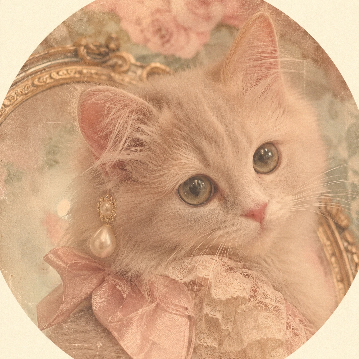 Lace collar coquette PFP with pearl trim and pastel satin details.