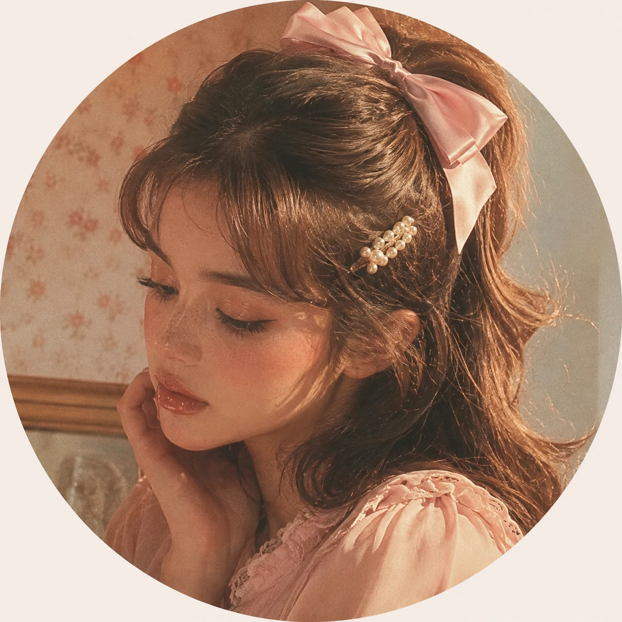 Vintage coquette girl PFP with a retro hair bow and pearl clip.