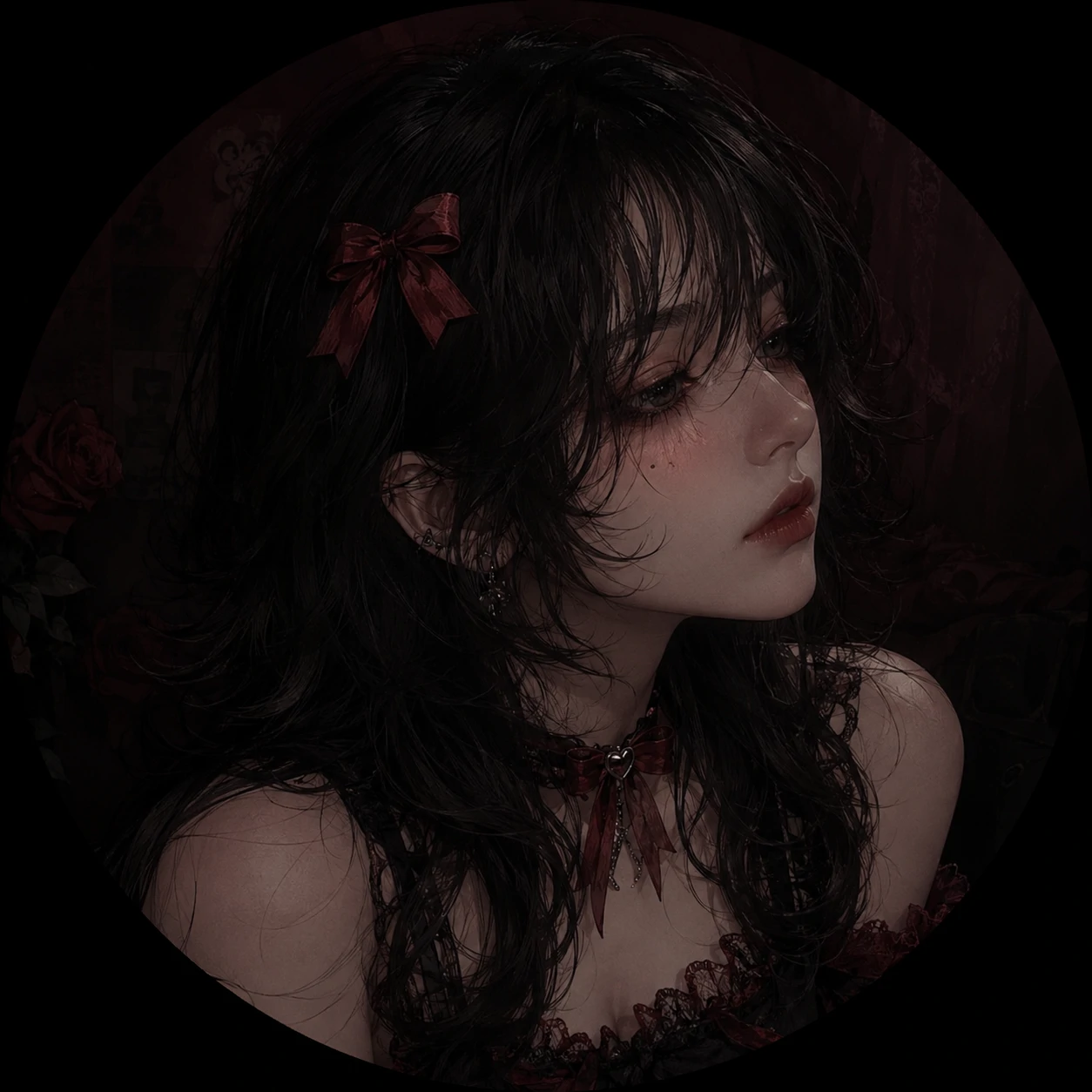 Dark coquette PFP with wolf-cut bangs and crimson accent bow.