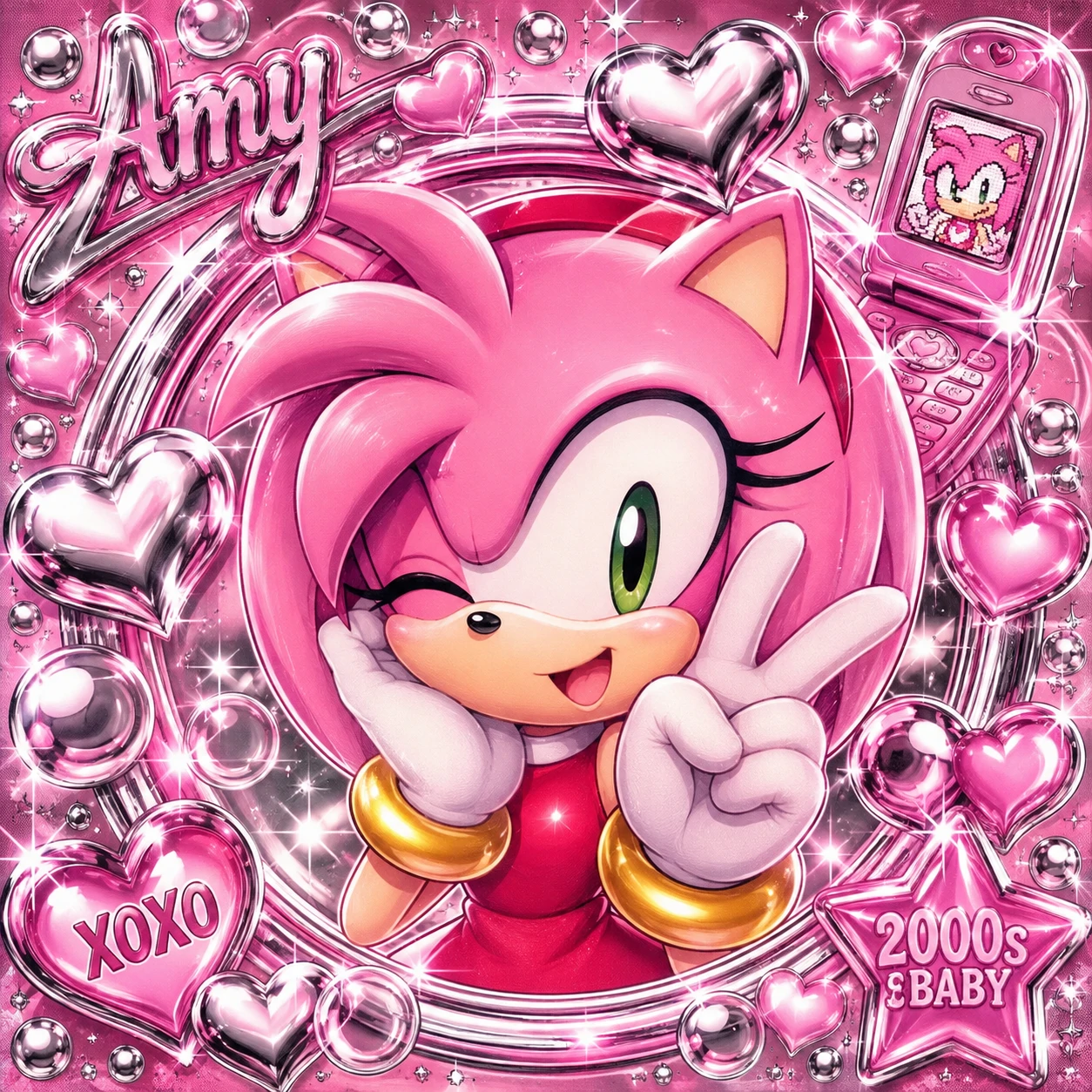 Y2K Amy Rose PFP surrounded by chrome bubbles and glossy metallic hearts