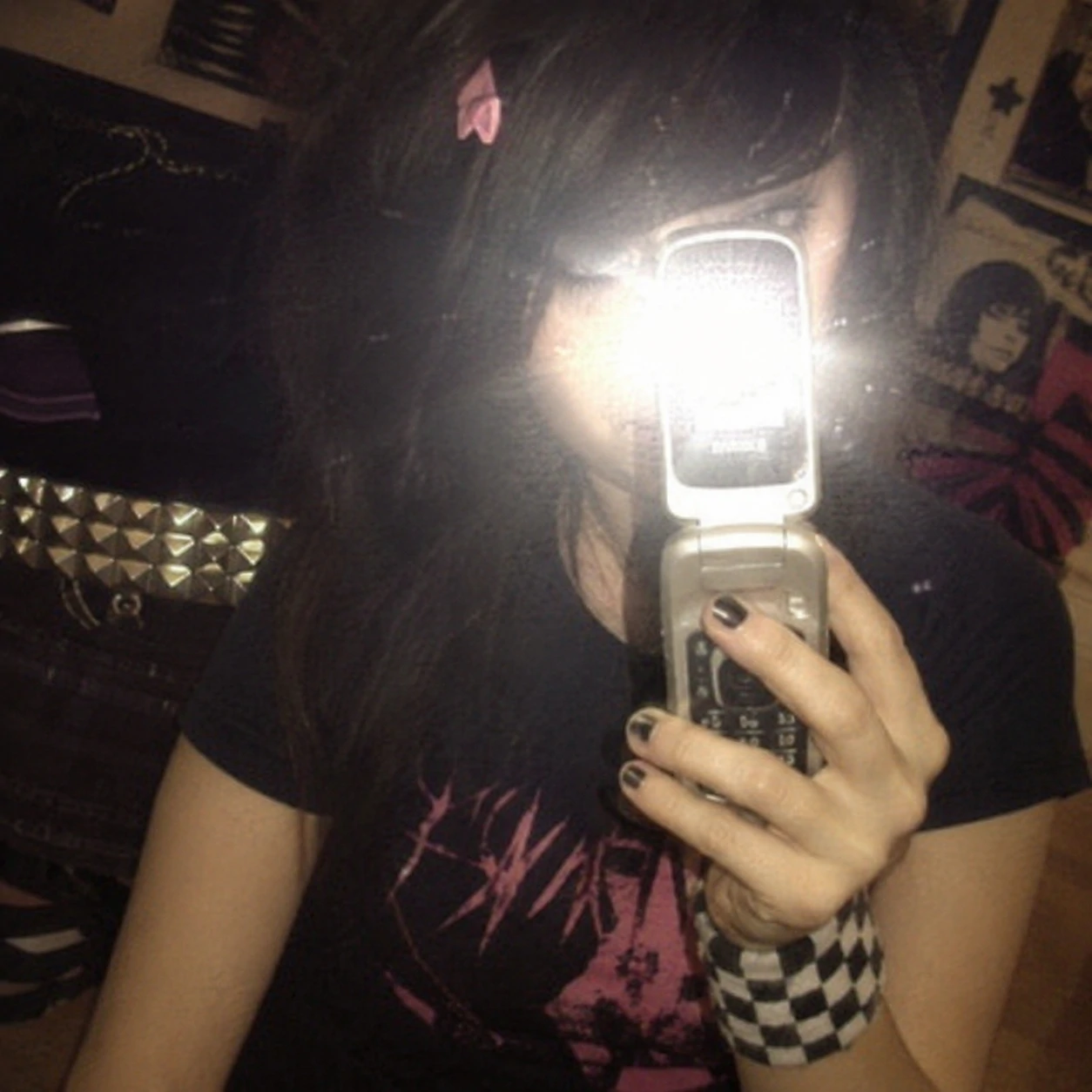 Y2K emo PFP shot as a flip phone selfie with blown-out flash and studded belt