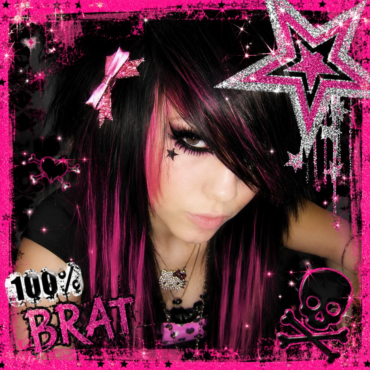 Y2K emo PFP with sharp side bangs, glittery graphic overlay and a hot pink border