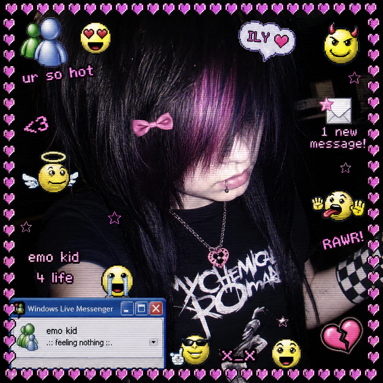 Y2K emo PFP with MSN messenger style emoticon overlays and pixel heart borders