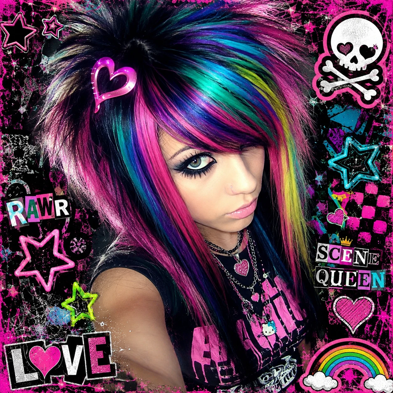 Y2K scene emo PFP featuring rainbow-streaked scene hair teased high with a heart clip