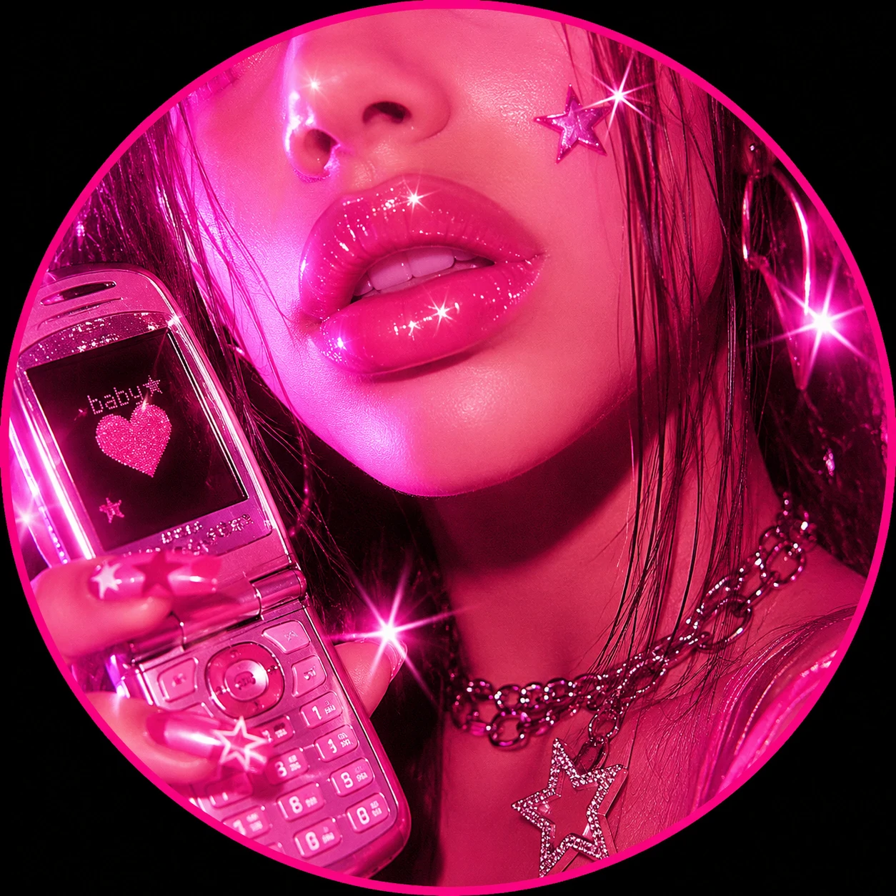 Y2K pink pfp with glossy lips, star shine, and bold magenta tones