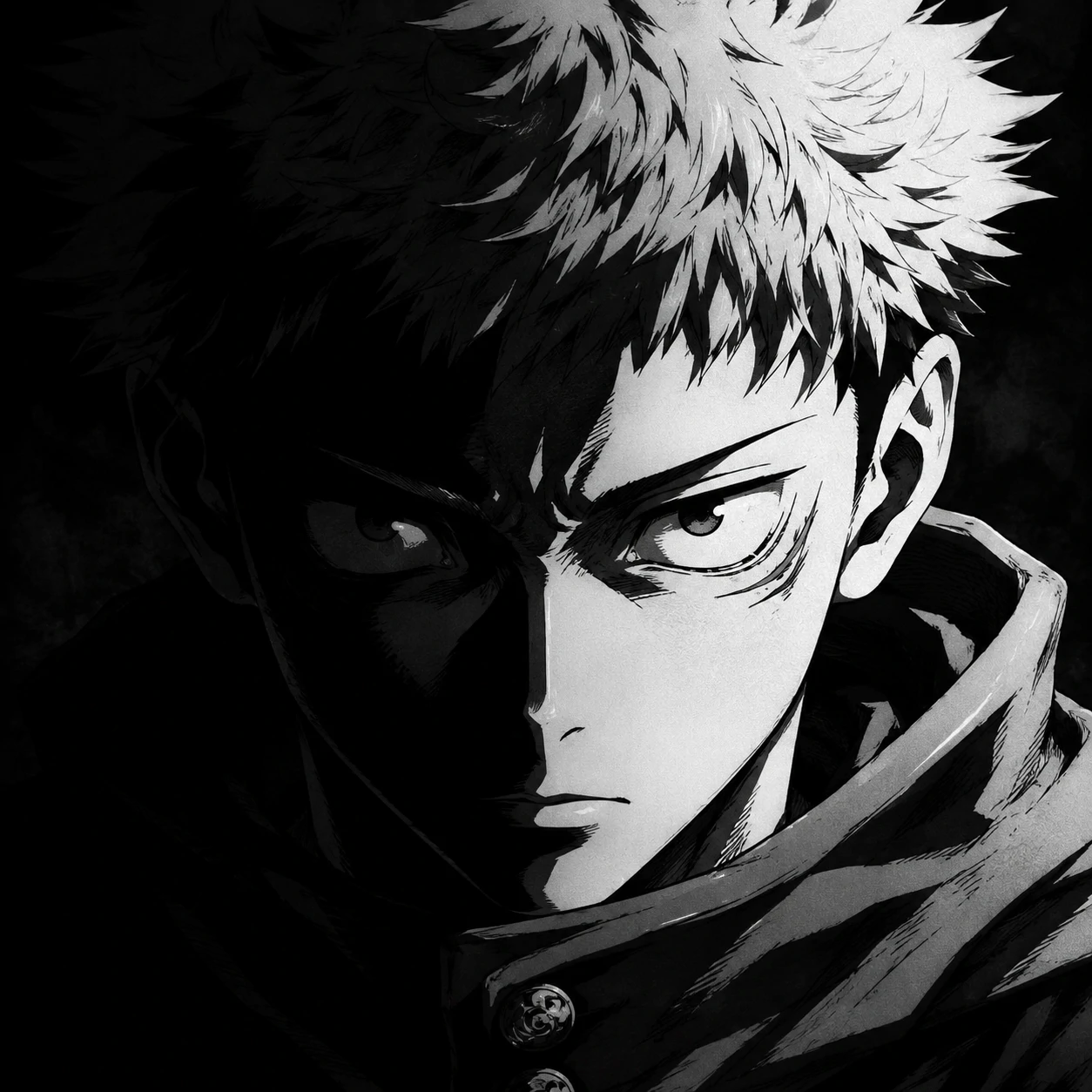 Yuji Itadori black-and-white dramatic icon with high contrast shadows