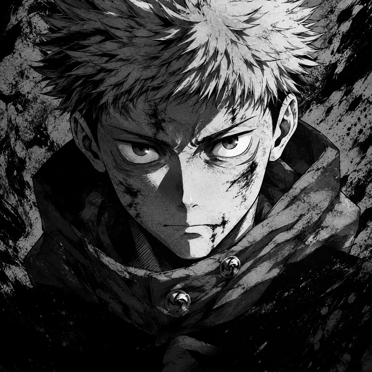 Yuji Itadori black-and-white cinematic PFP with film-style lighting