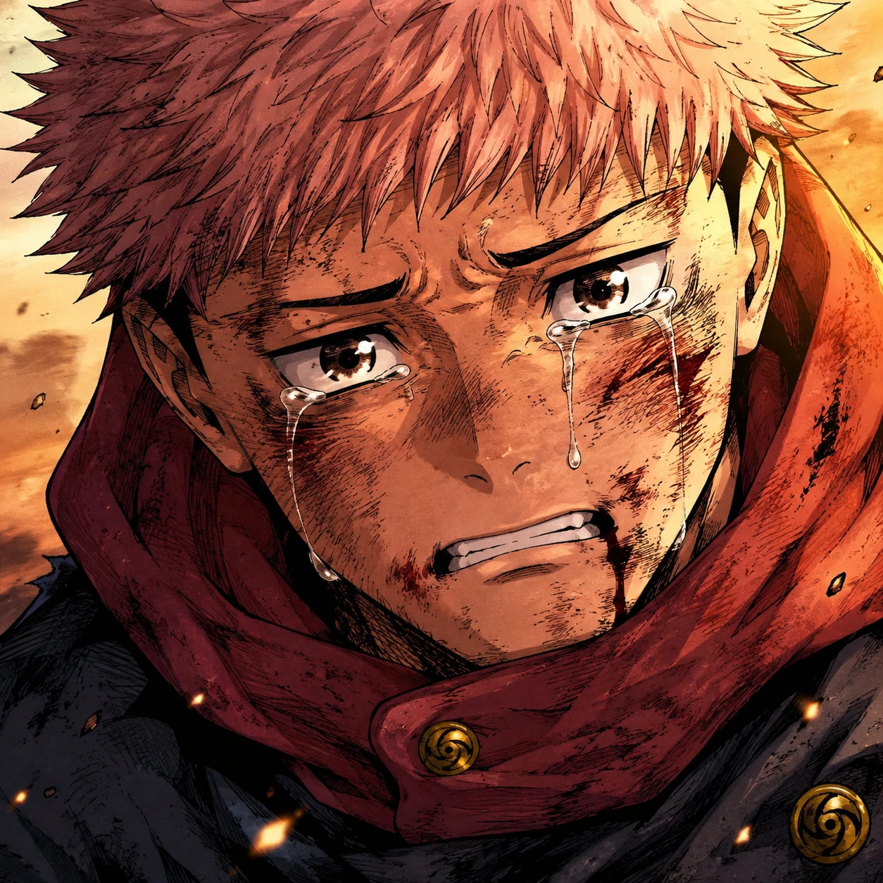 Yuji Itadori coloured chapter panel PFP with emotional expression and detail