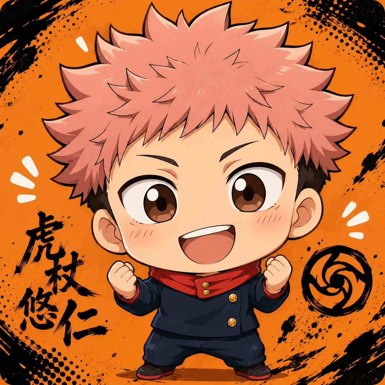 Yuji Itadori chibi cute avatar with oversized head and tiny Jujutsu High uniform