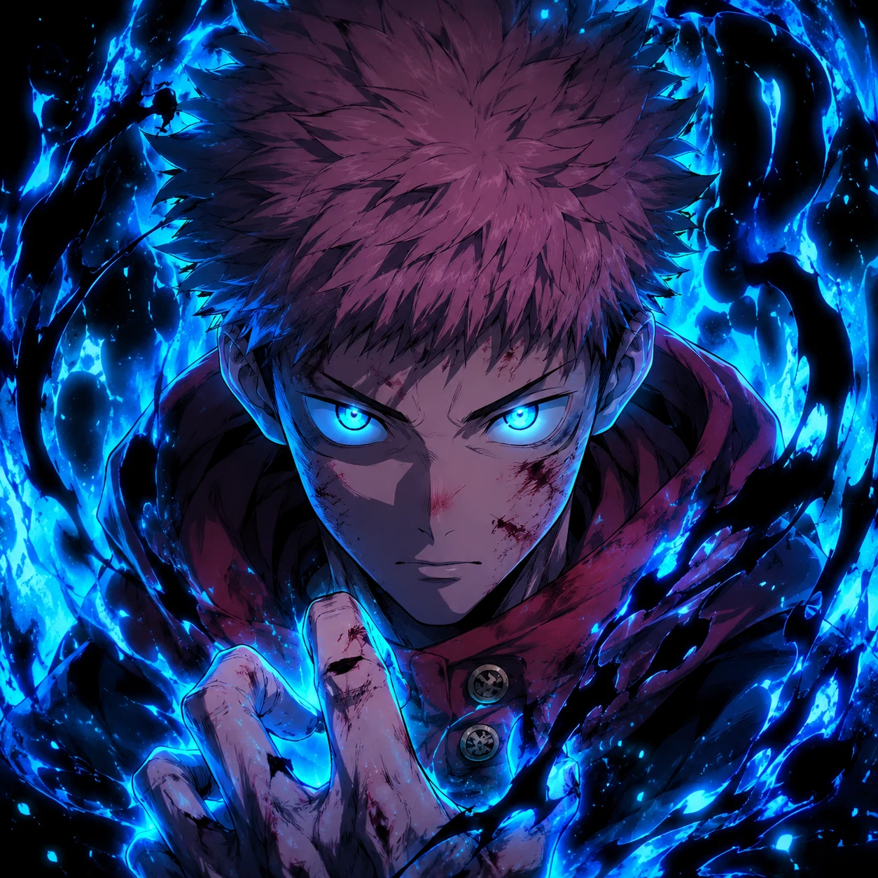 Yuji Itadori cursed energy icon with glowing blue accents and intense eyes