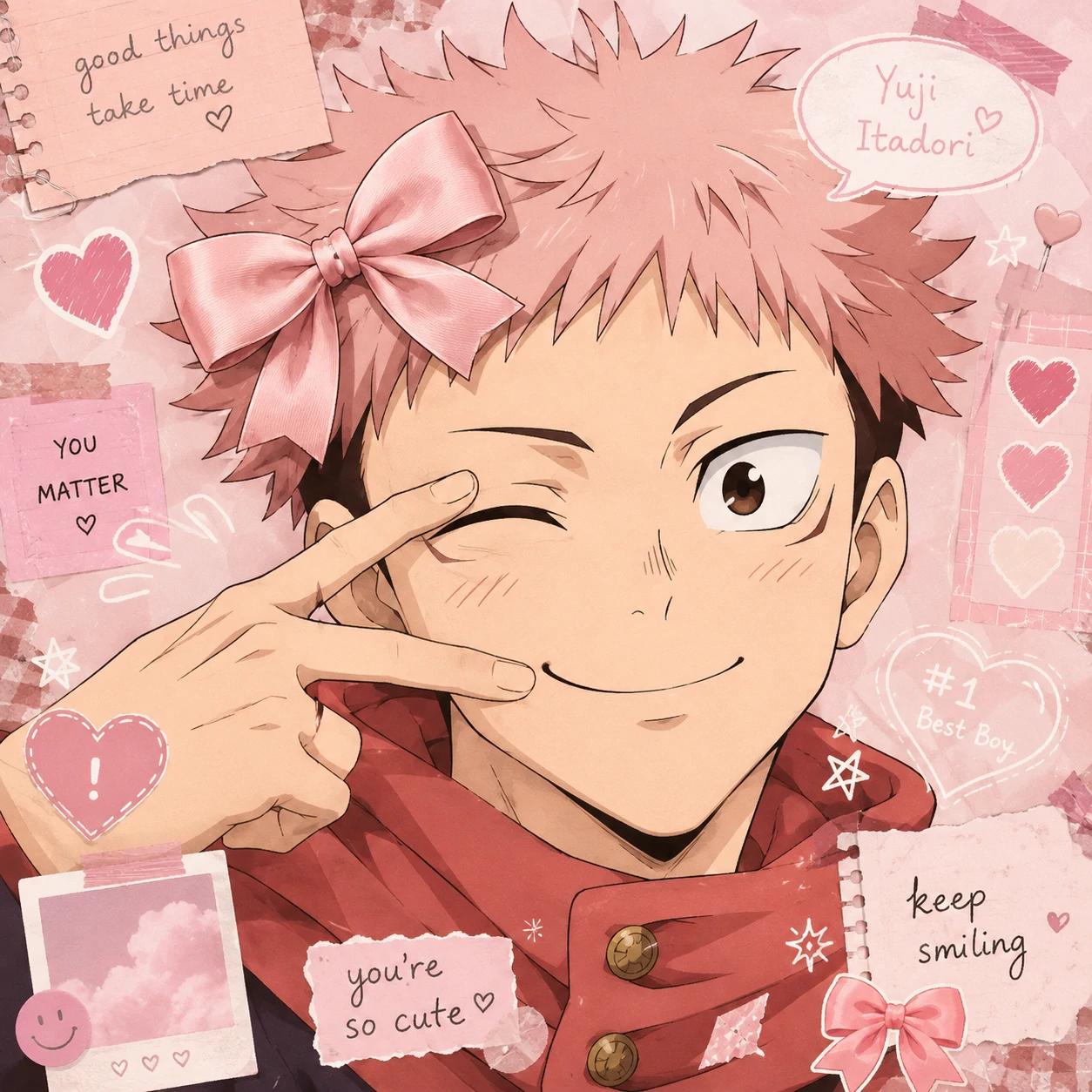Cute Yuji Itadori PFP with ribbon bow accessory and pastel moodboard edit