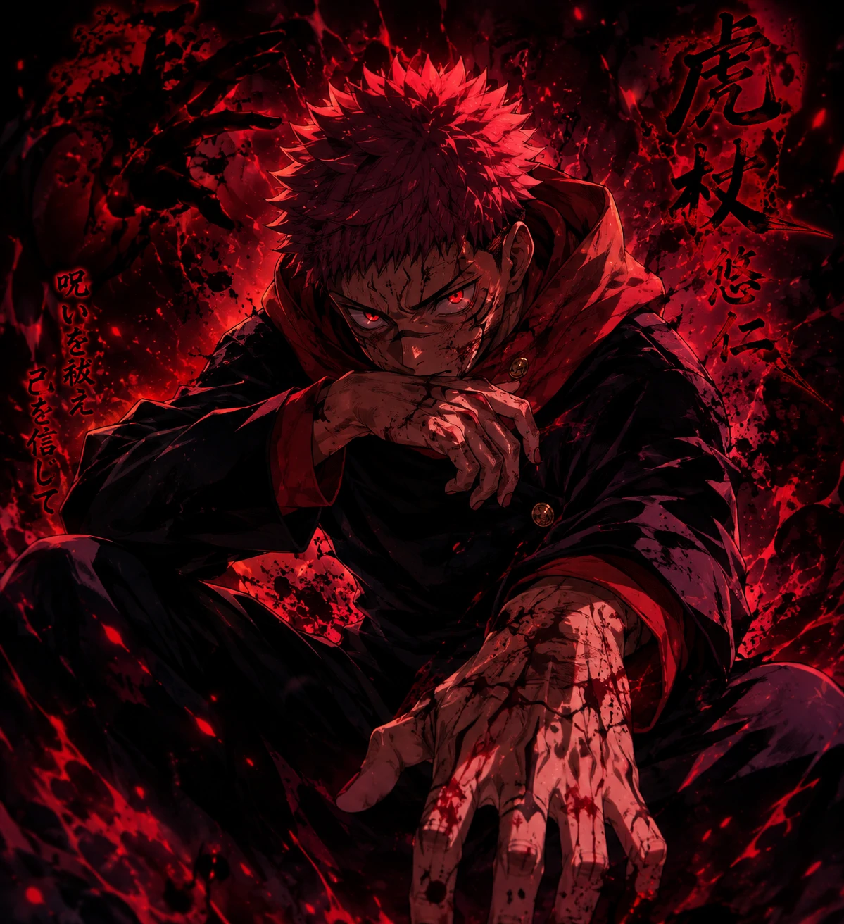 Yuji Itadori dark aura fan edit with crimson glow and shadow contrast