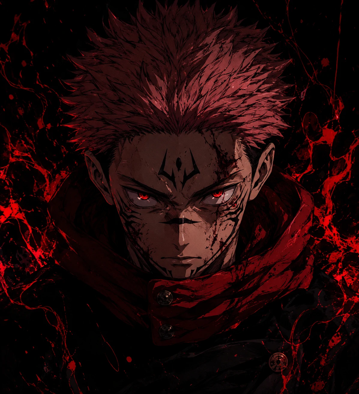 Yuji Itadori dark avatar on a deep black background with red accents