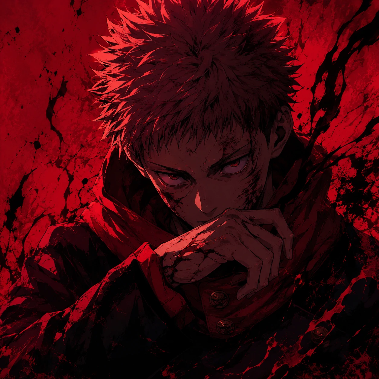 Yuji Itadori dark JJK icon with crimson background and brooding pose