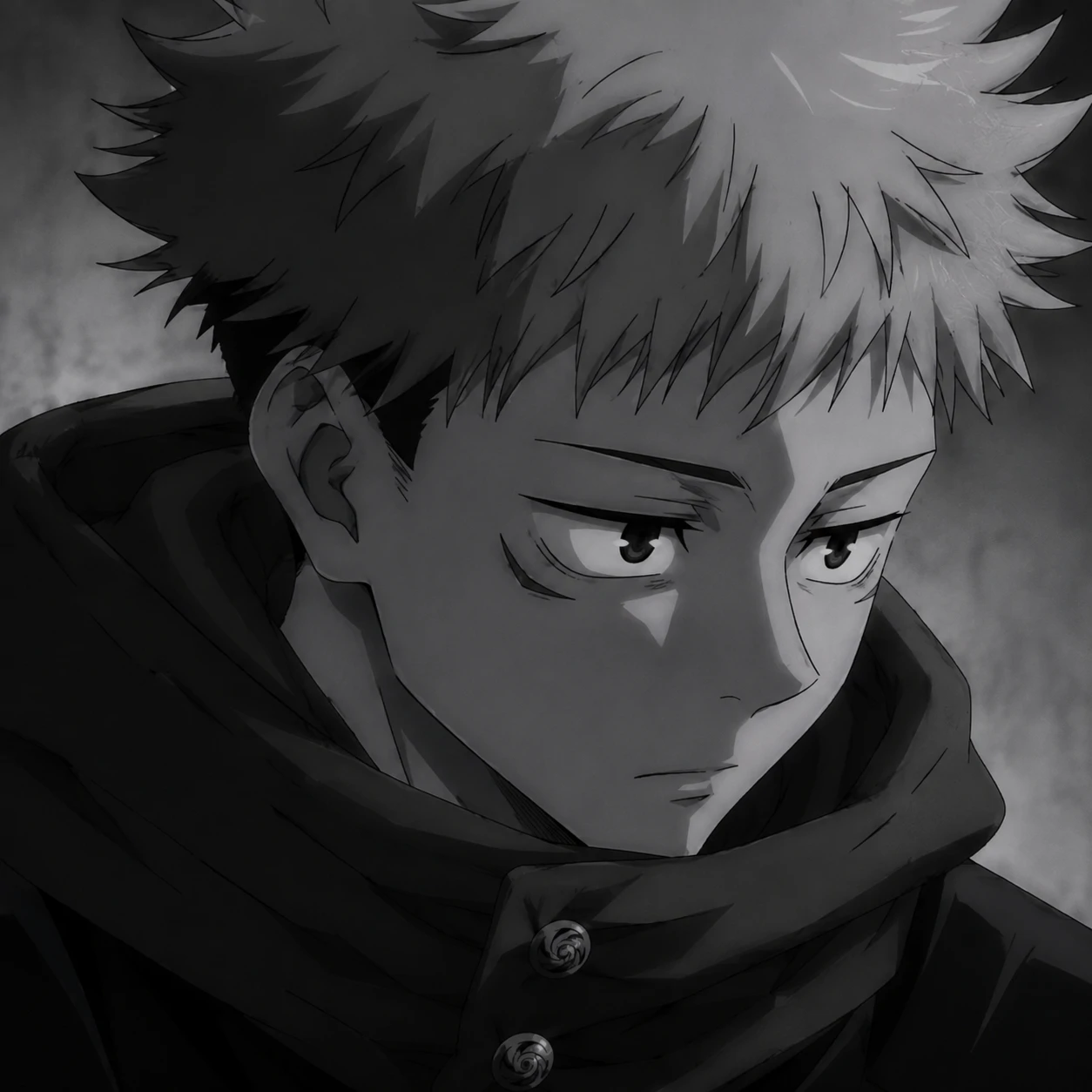 Yuji Itadori grayscale anime icon with moody expression and soft shading