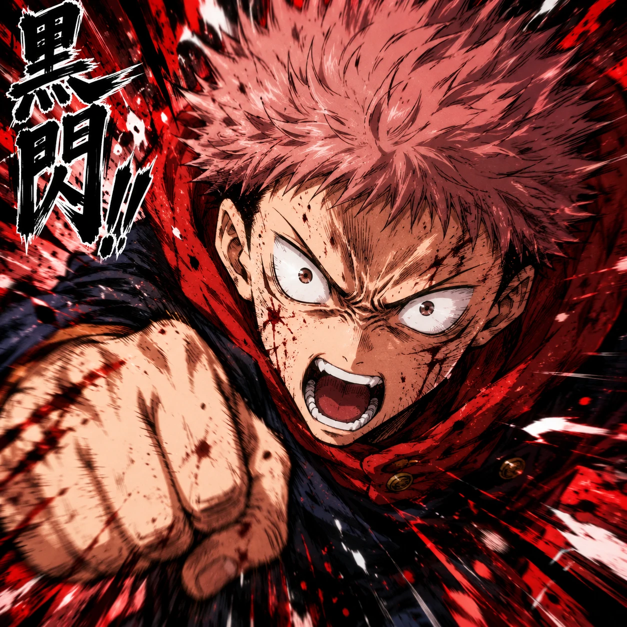 Yuji Itadori manga fight scene icon with motion blur and shout effect