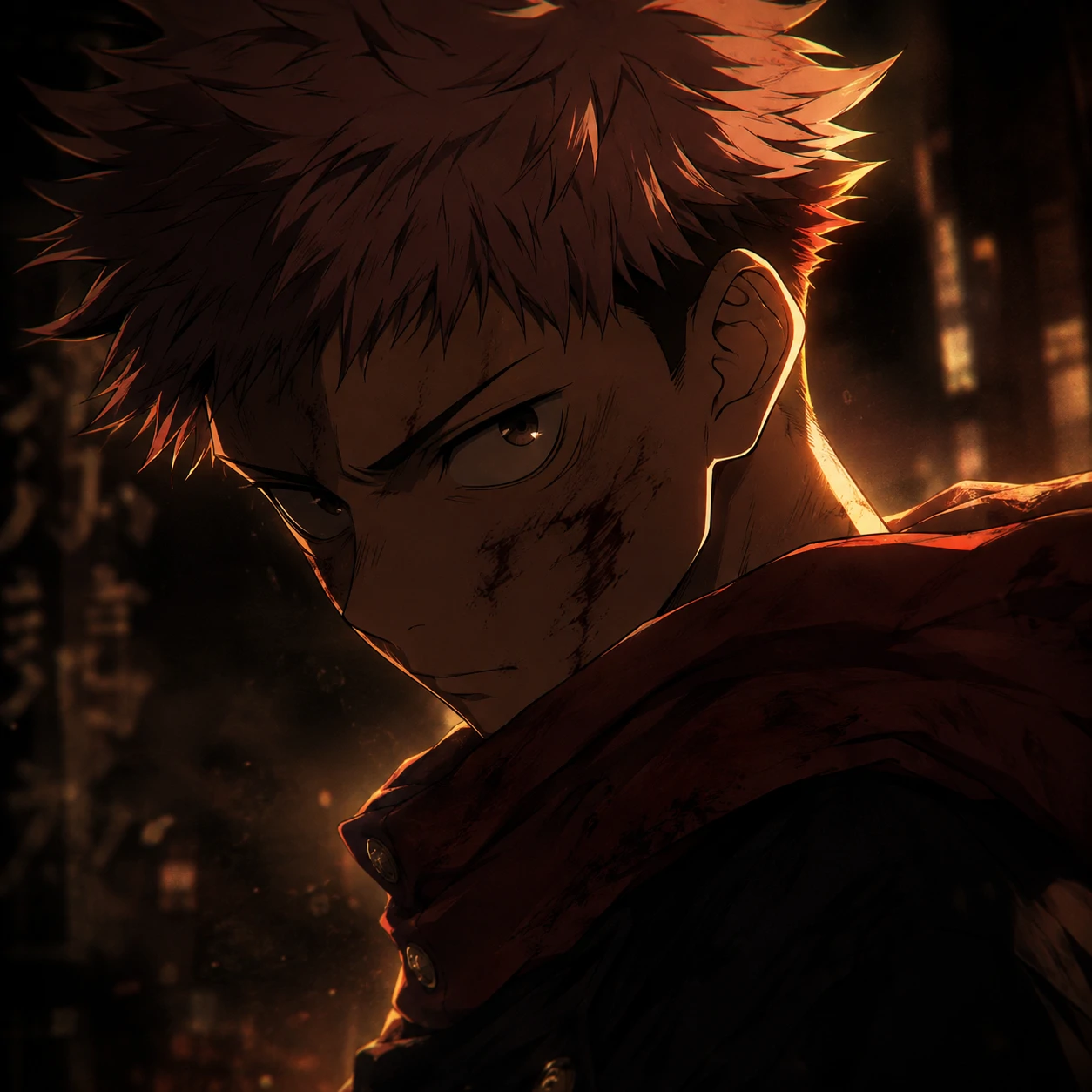 Yuji Itadori moody cinematic PFP with deep shadows and warm rim light