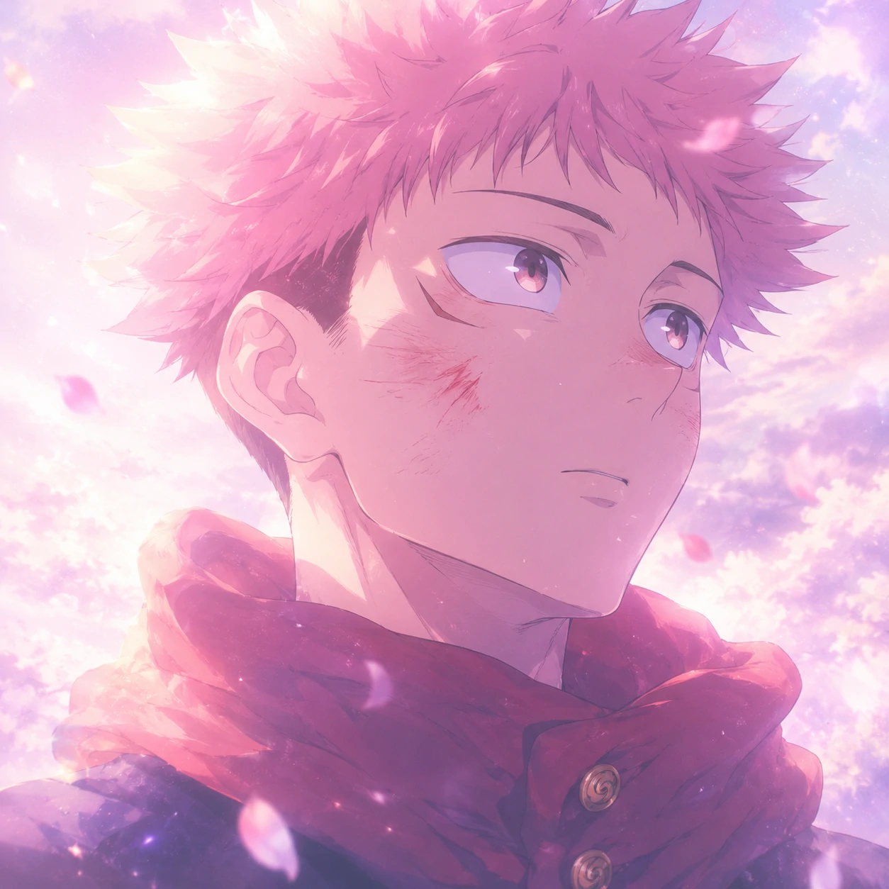 Yuji Itadori pastel glow avatar with dreamlike soft light around his face