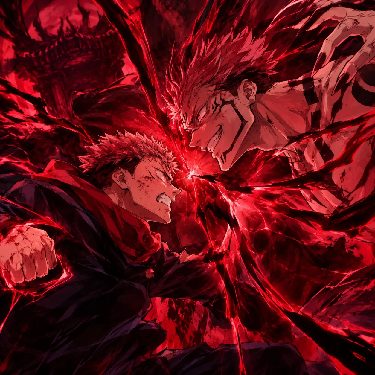 Yuji Itadori fighting Sukuna avatar with clash energy and crimson light