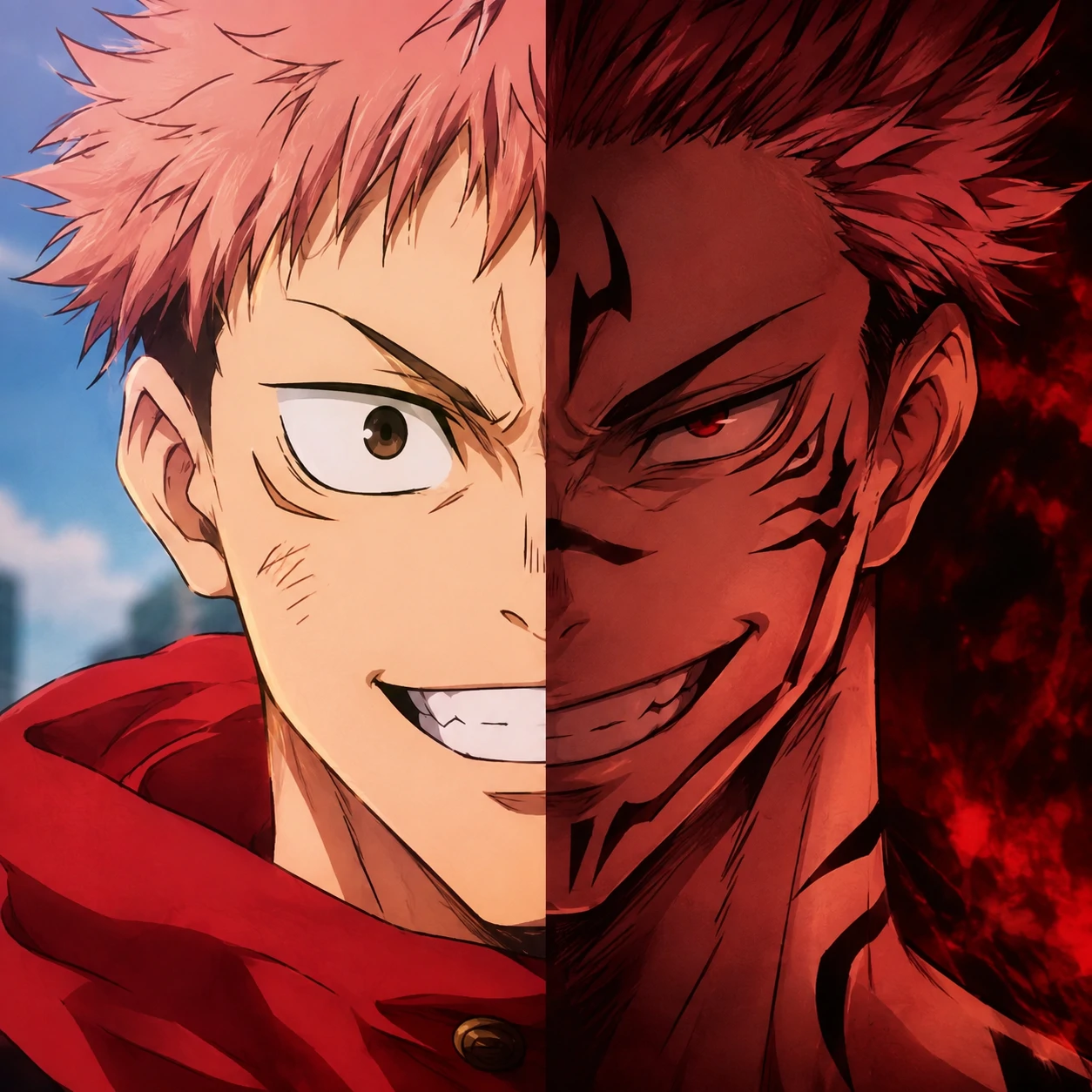 Yuji Itadori Sukuna split PFP with side-by-side vessel and curse design