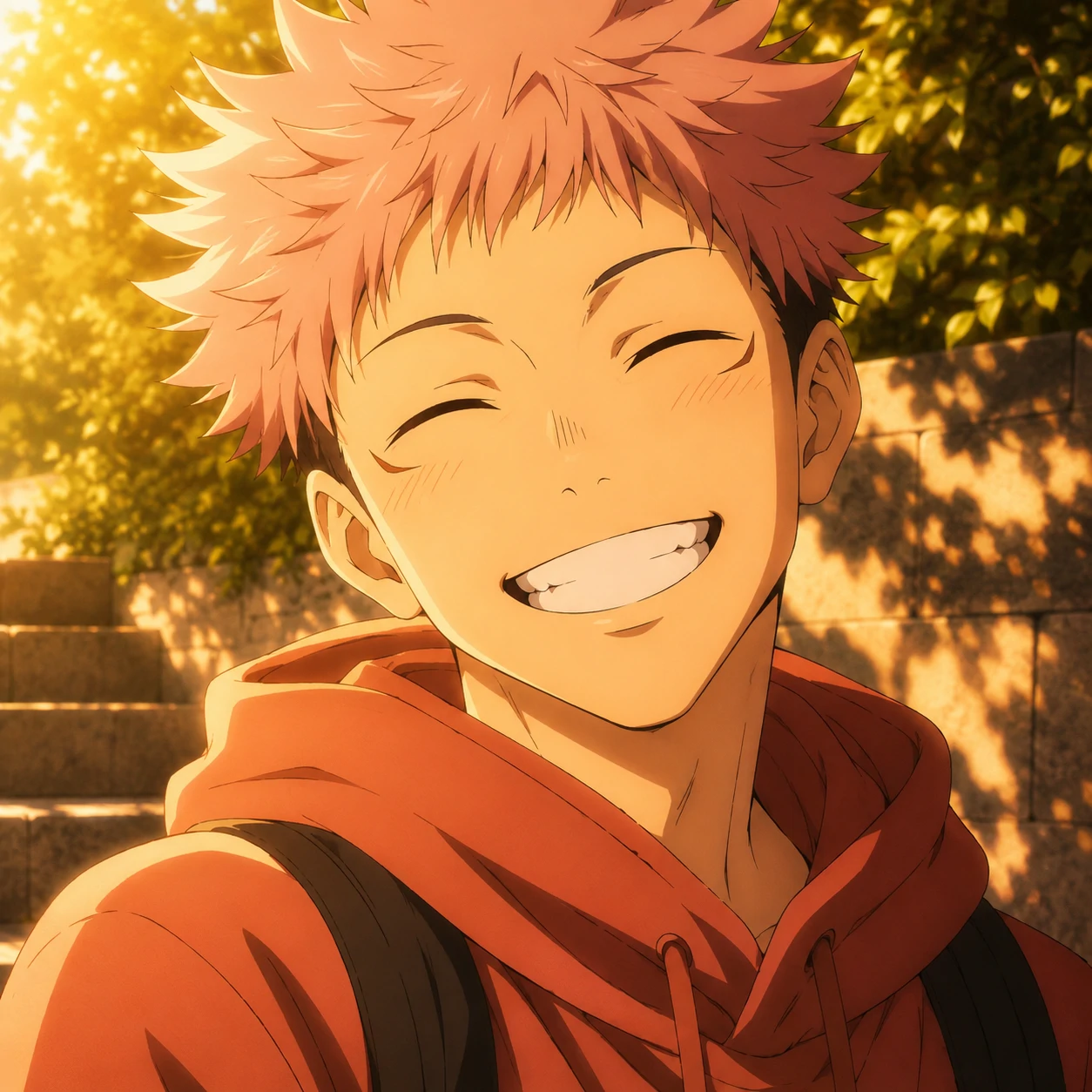 Yuji Itadori wholesome smile PFP in warm sunlight and casual outfit