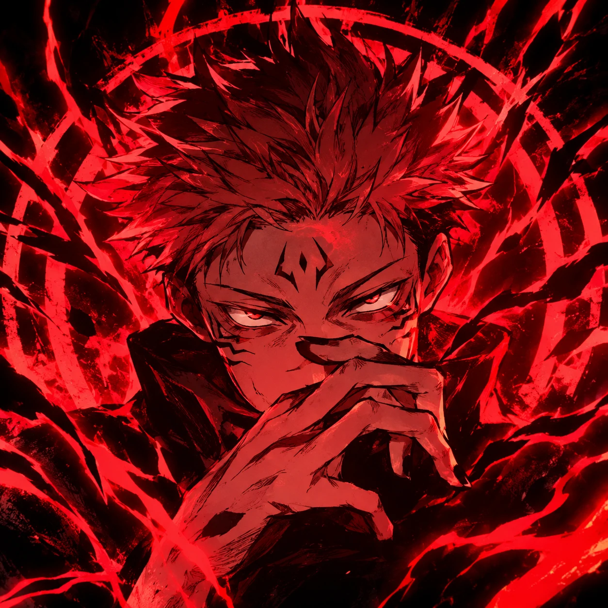 Yuji Sukuna aura icon with cursed markings and intense glowing details