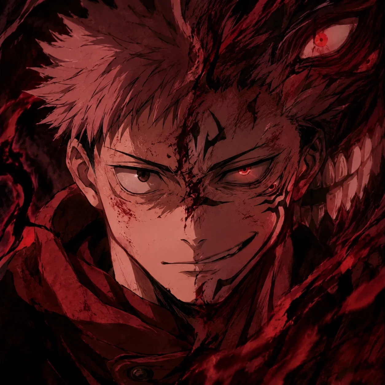 Yuji Sukuna cursed vessel PFP with split personality energy and horror tone