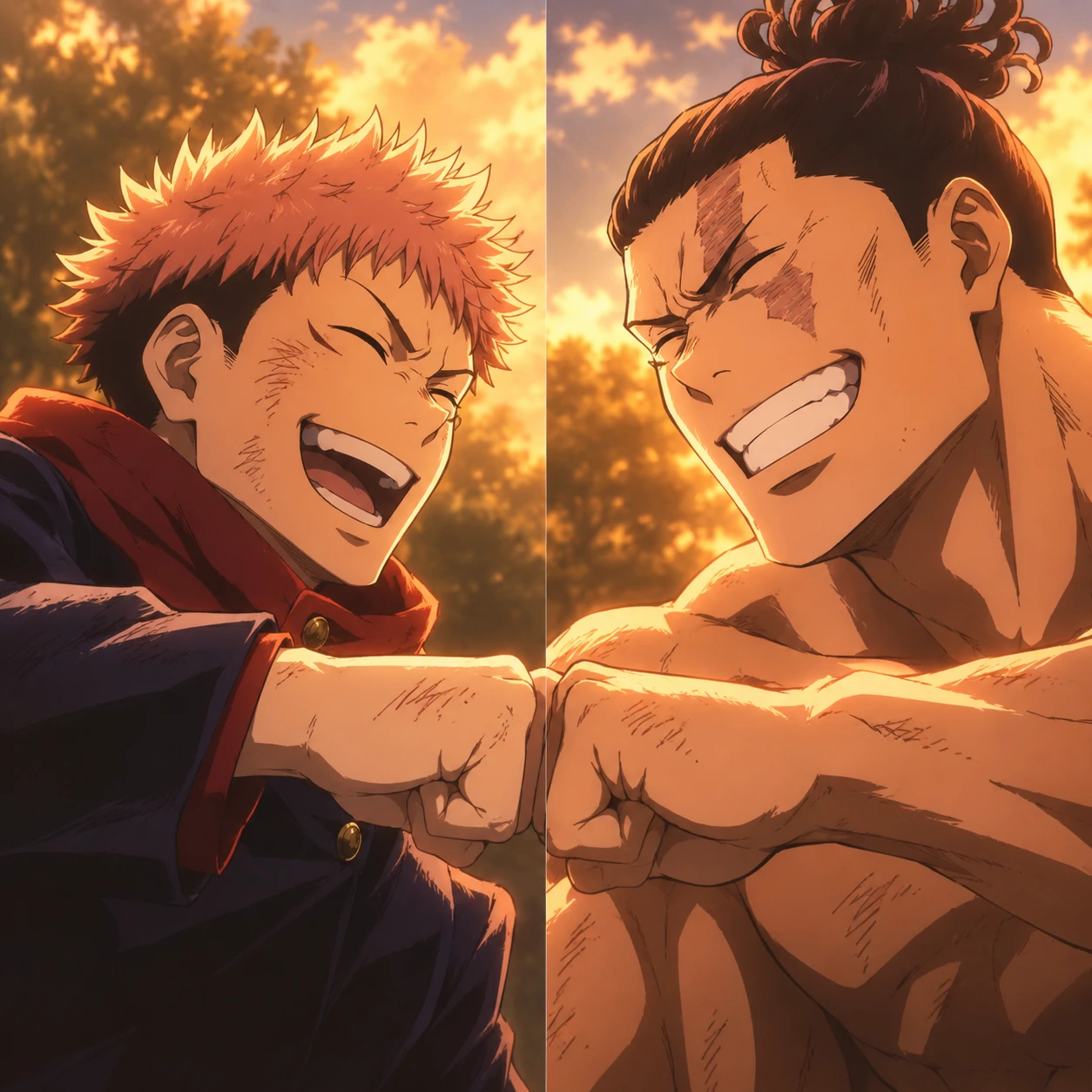 Yuji and Todo Aoi matching PFP with brotherhood energy and warm tones