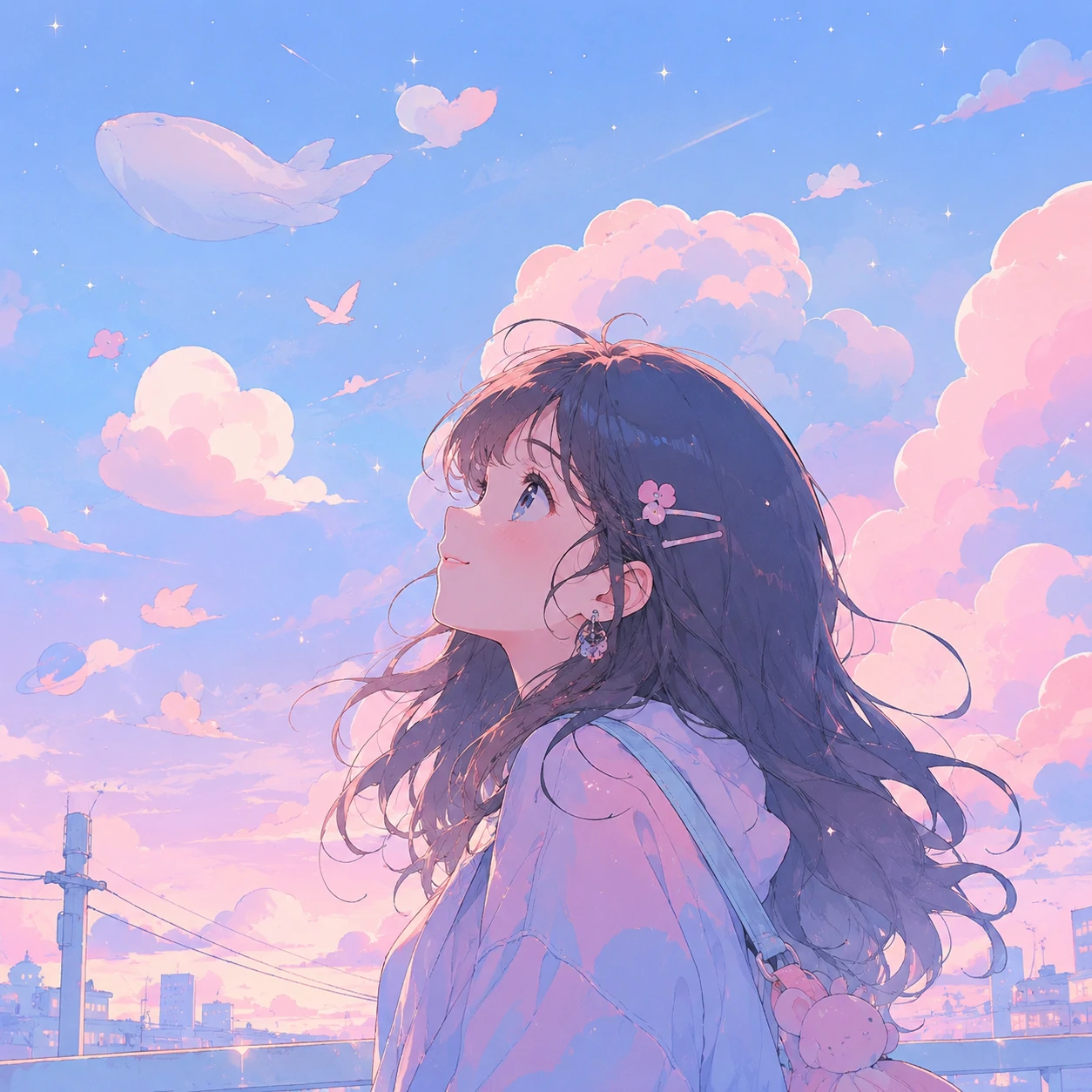 Dreamy pastel aesthetic anime girl avatar with floating cloud background