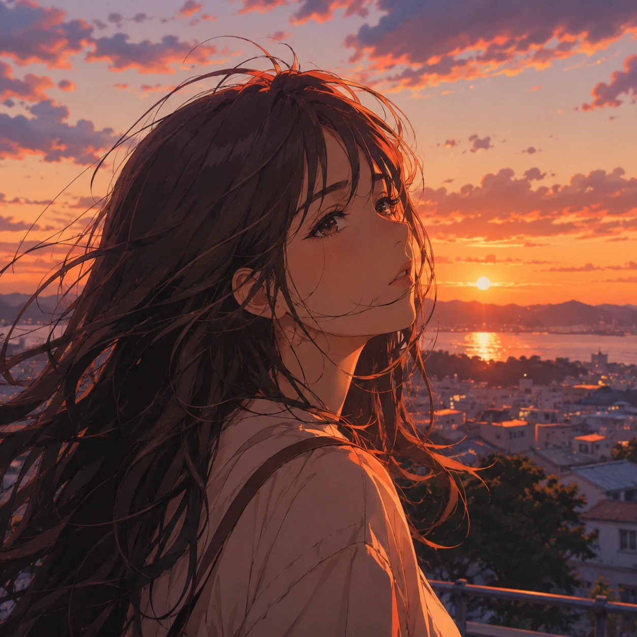 Soft aesthetic anime girl pfp with sunset gradient and windblown hair