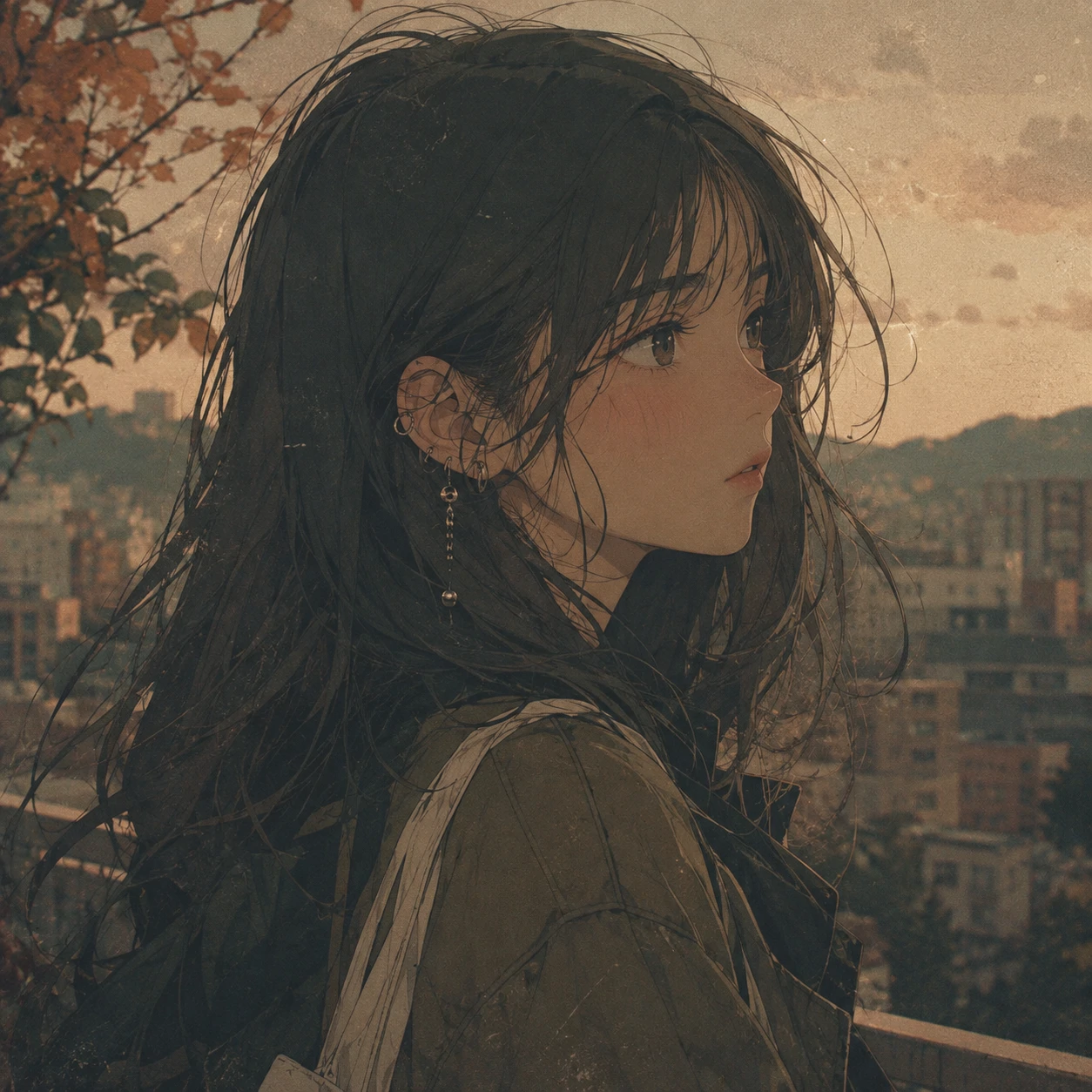 Muted-tone aesthetic anime girl profile picture with vintage film grain