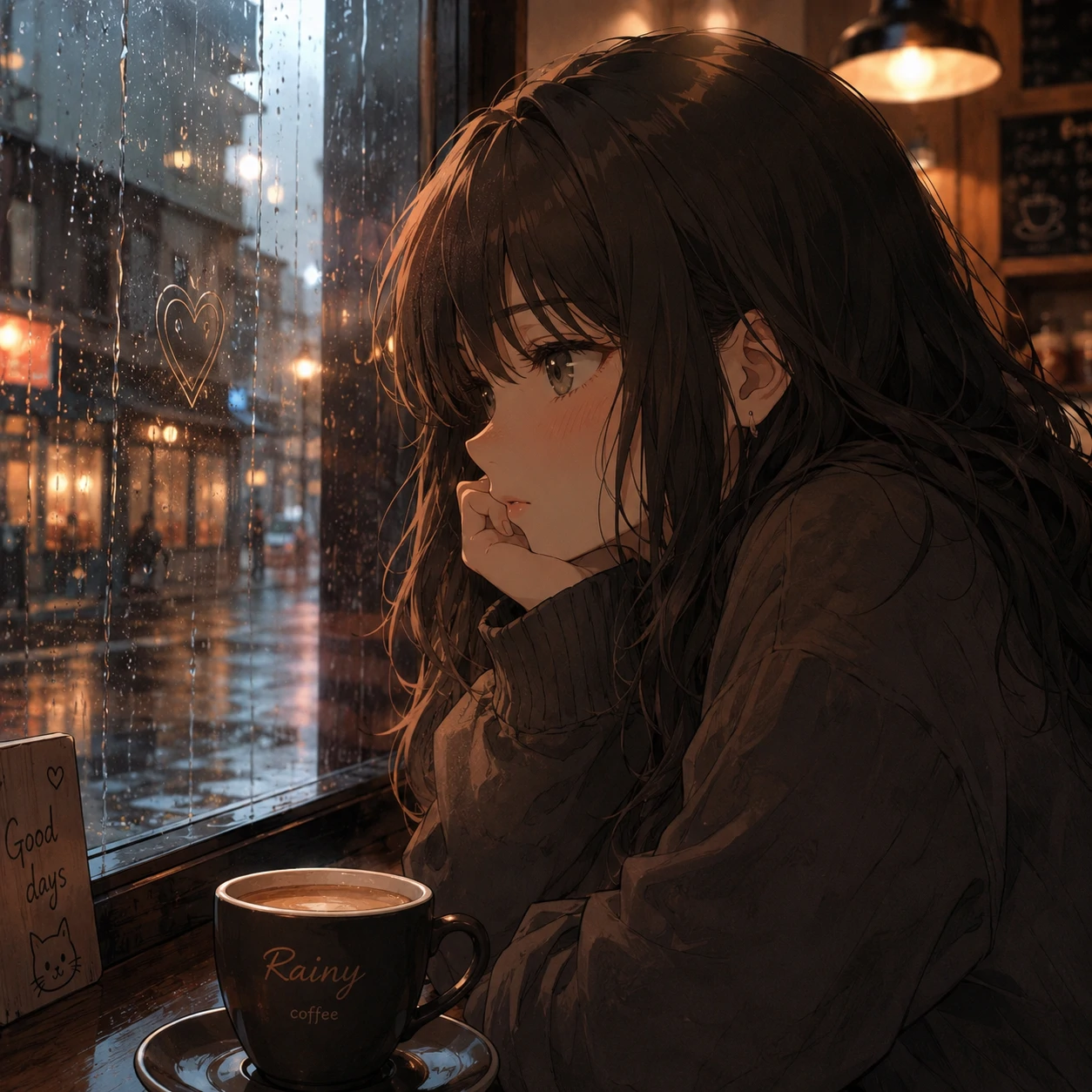 Aesthetic anime pfp of a girl by a rainy cafe window with warm lighting