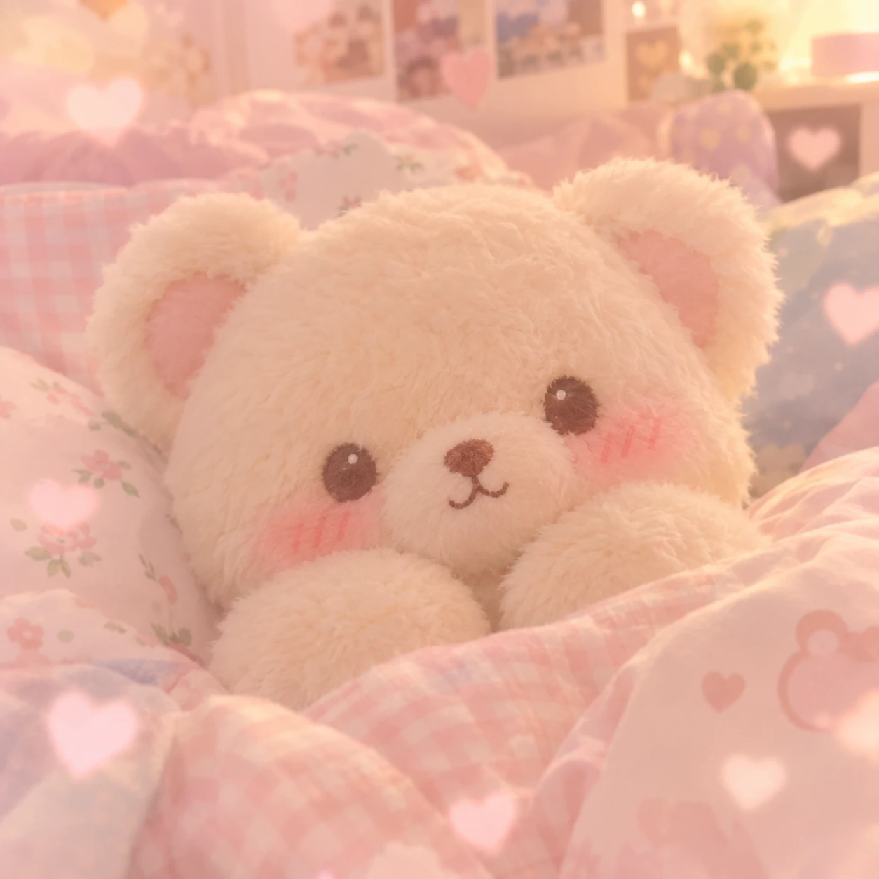 soft aesthetic cutecore pfp of a blushing cream teddy bear plush on pastel bedding
