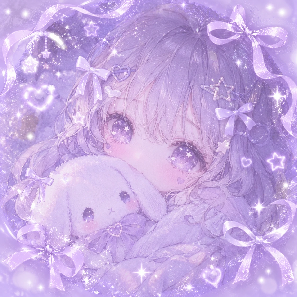 dreamy lilac aesthetic cutecore profile picture with glitter sparkles and ribbon details