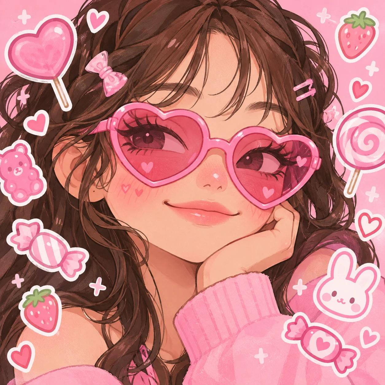 cutecore aesthetic pfp of an illustrated girl wearing pink heart-shaped sunglasses