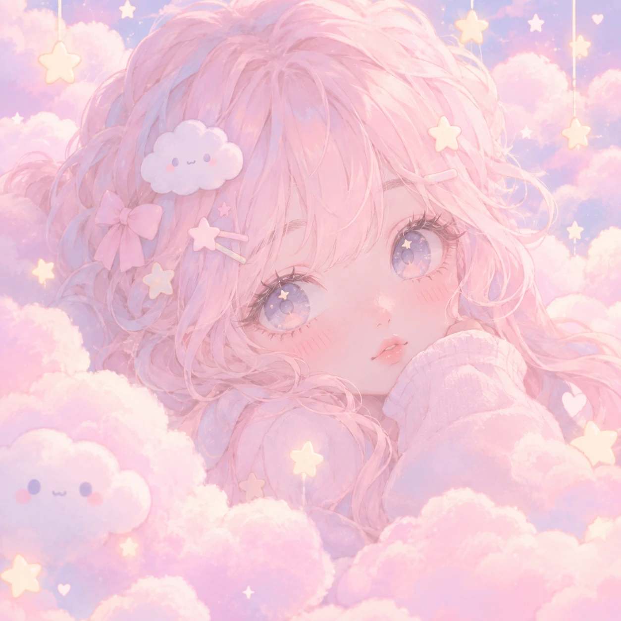 aesthetic cutecore pfp of a pastel-haired girl surrounded by soft pink clouds and stars