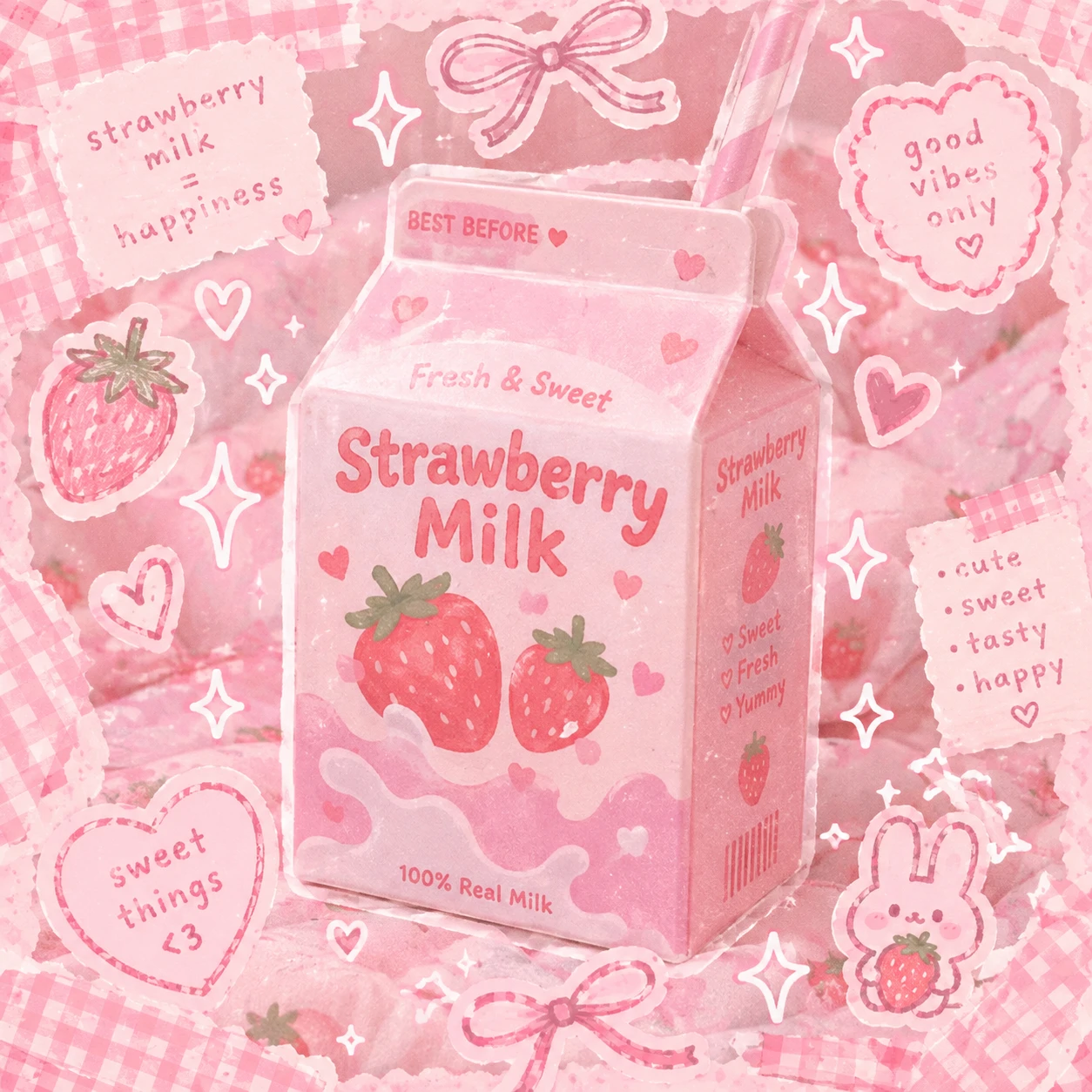 cute aesthetic cutecore pfp with strawberry milk carton and blush pink doodle overlay