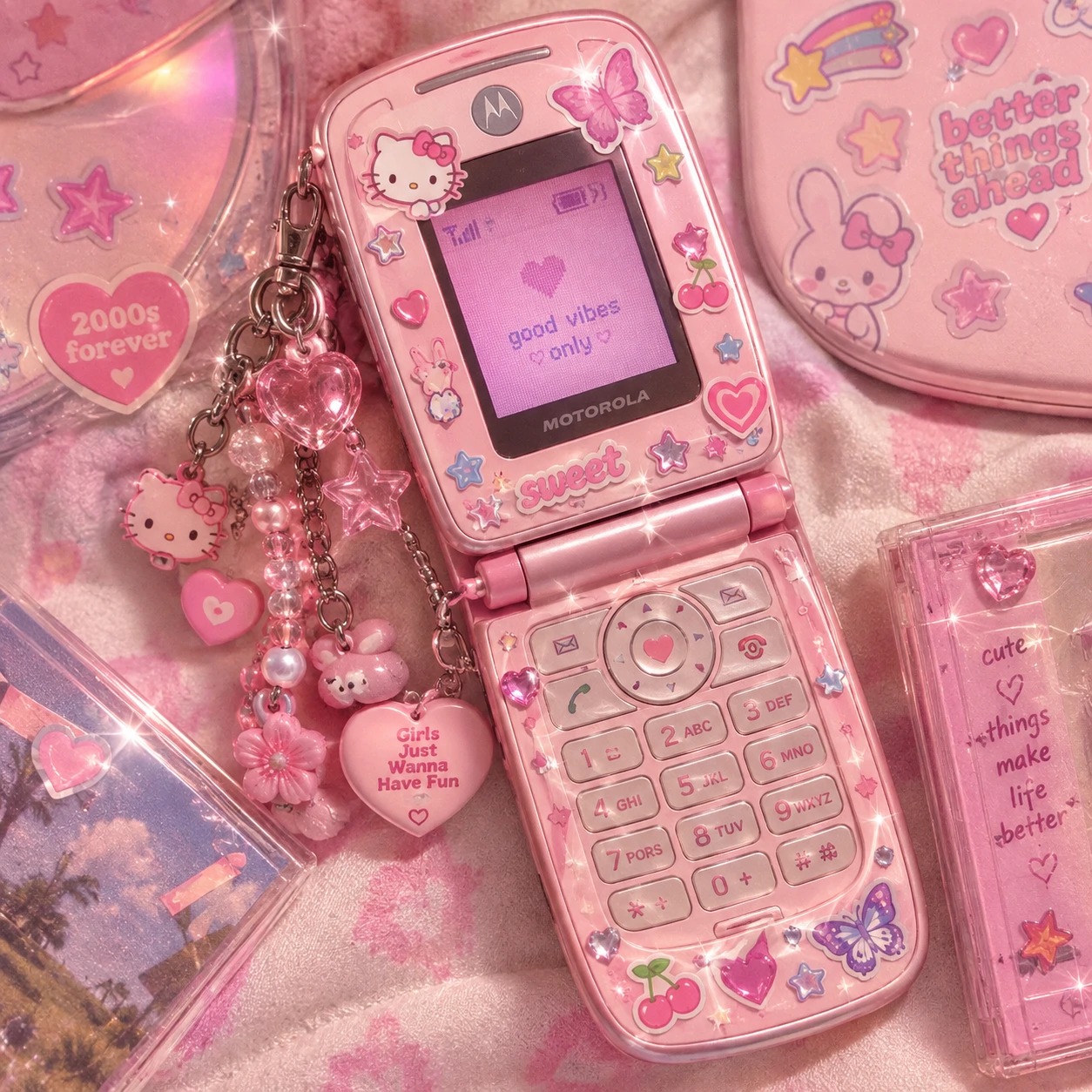 aesthetic cutecore pfp featuring a pink vintage flip phone with stickers and charms