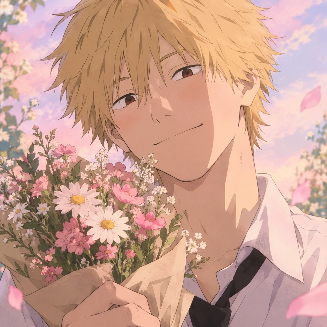 Denji aesthetic profile picture holding flowers with a soft smile, anime style