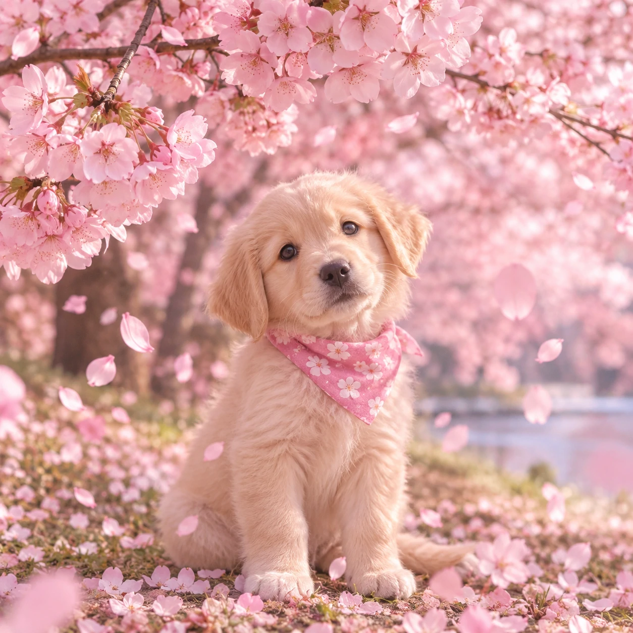 Aesthetic dog PFP with a puppy sitting under pink cherry blossoms