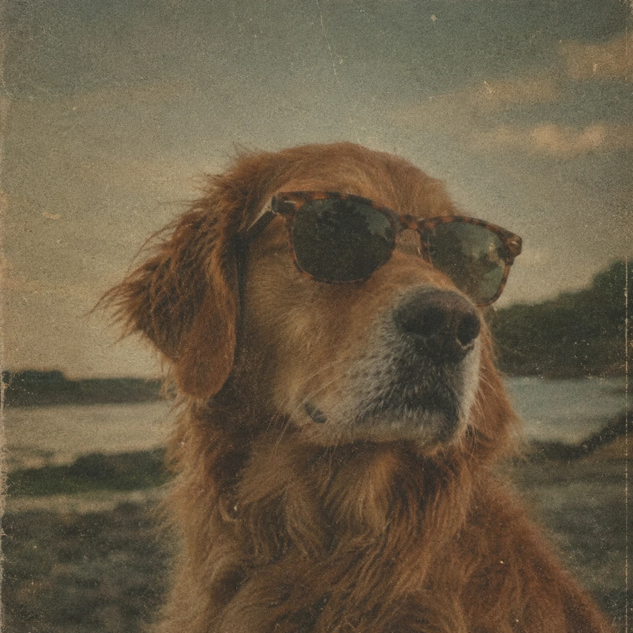 Aesthetic dog profile picture with vintage film grain and muted tones
