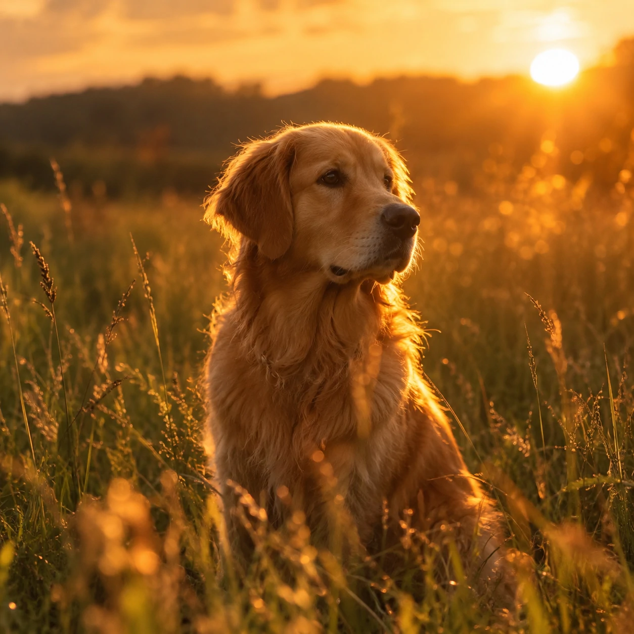 Aesthetic dog PFP of a dog sitting in a field during golden hour