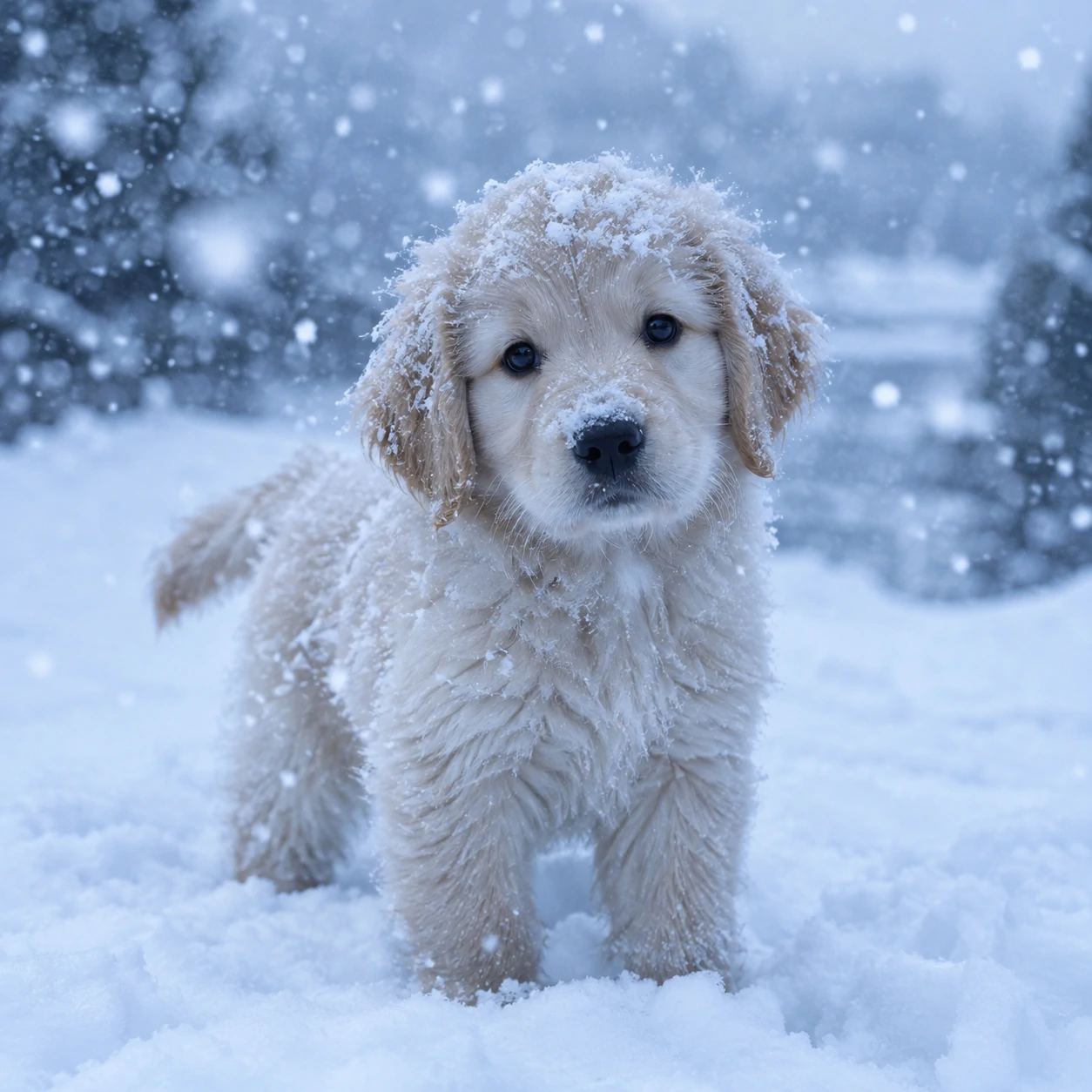 Aesthetic dog PFP of a puppy standing in fresh falling snow