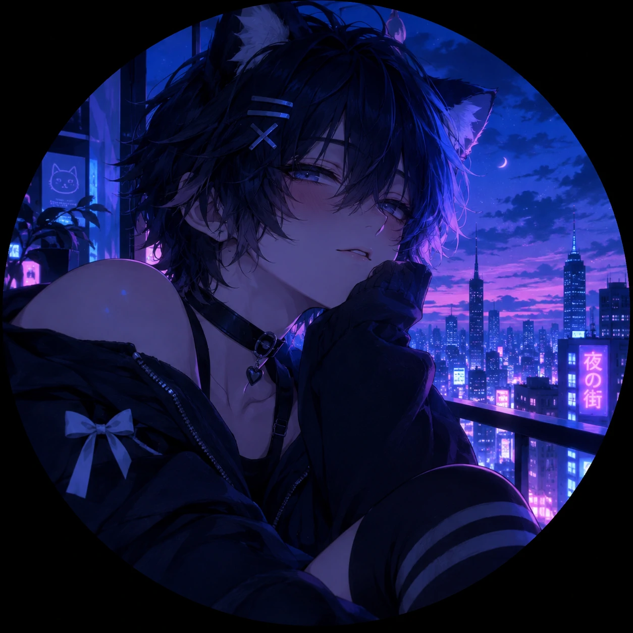 Aesthetic femboy PFP in blue hour twilight tones with soft neon city glow