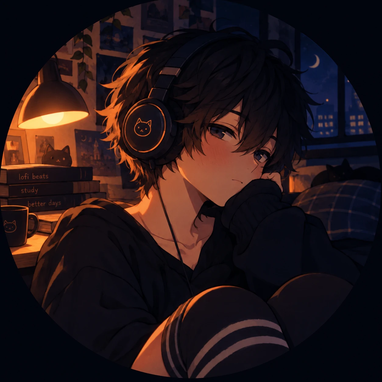 Lofi aesthetic femboy PFP with headphones, warm lamp light and cozy night mood