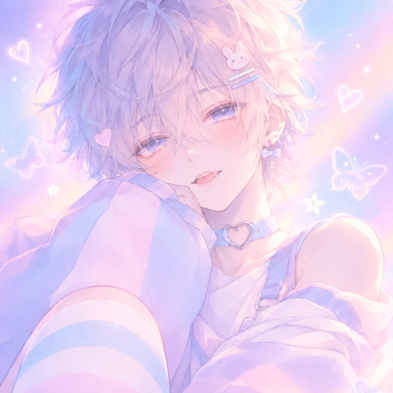 Aesthetic femboy PFP pastel edit with soft gradient background and dreamy glow